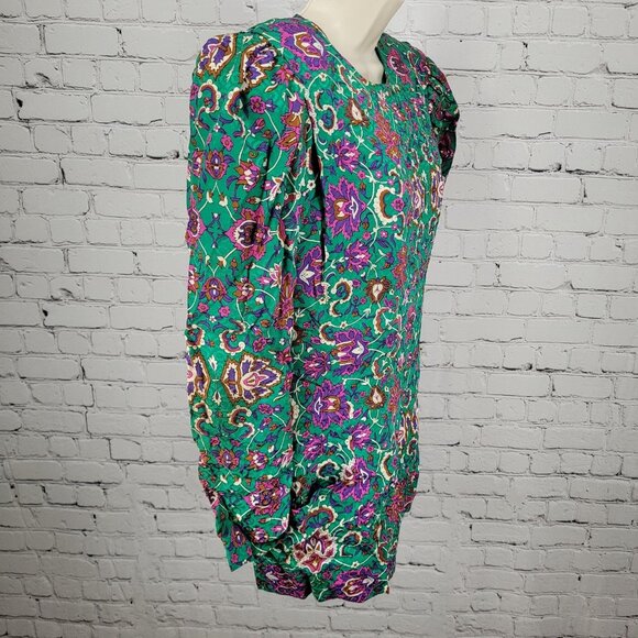 NWT VTG Richard Warren Green 100% Silk Floral Gold Button Long Sleeve Blouse 4 - Picture 15 of 16